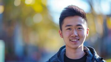 smiling young chinese man outdoors autumn background perfect for social media profiles and lifestyle blogs photo smiling young chinese man outdoors autumn background perfect for social media profiles and lifestyle blogs photo